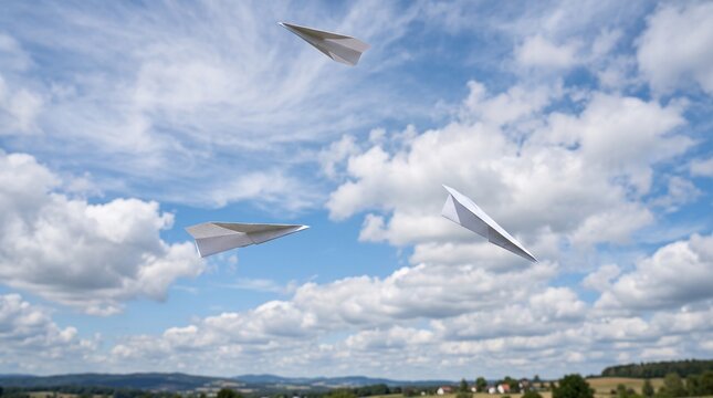 Creative freedom and inspiration, three paper airplanes flying through a bright blue sky with white clouds, imagination and childhood play