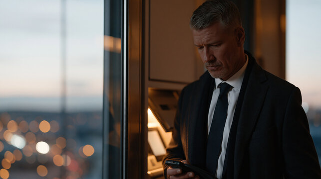 Security consultant in business attire conducting a physical access point inspection at a high-rise building entrance during December dusk, checking sensor alignment with a
