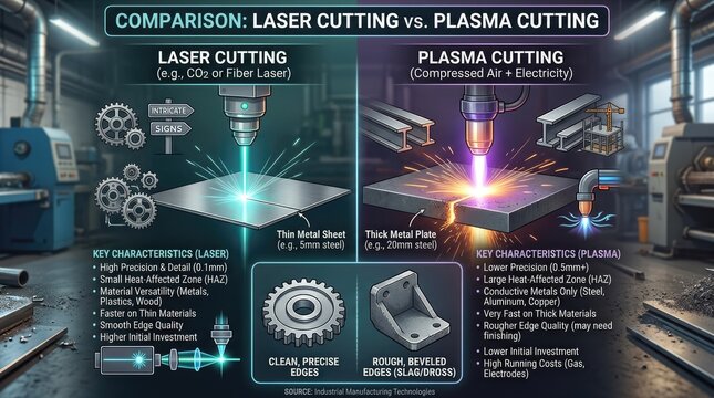 A comparison chart between laser cutting and plasma cutting technologies, highlighting their key characteristics and applications.