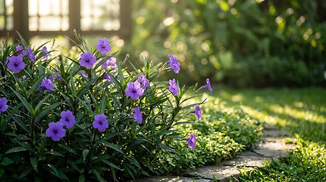 A vibrant cluster of dwarf mexican petunia flowers blooming in a sunlit garden setting with lush green foliage and a stone pathway in the background
