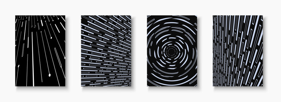 Futuristic technology covers design with digital motion lines. Abstract dark cyberpunk background set with geometric speed light trails for corporate tech brochure, matrix data banner and poster