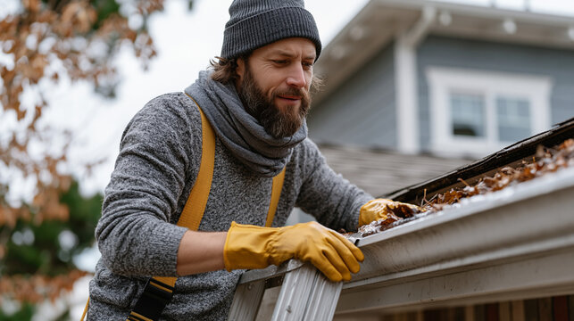 Gutter cleaning professional on a tall aluminum ladder removing wet leaves and ice blockages from a two story suburban home roof edge in overcast December light wearing waterproof