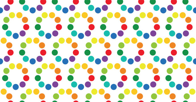 Bright colorful seamless pattern with abstract rainbow polka dot circles. Geometric multicolor confetti dots textures set for fun kids fabric print, baby textile and creative wrapping paper backdrop