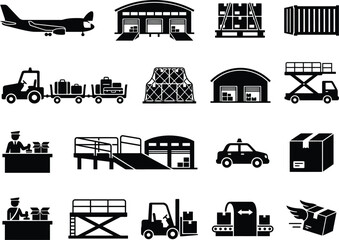 Obraz premium Logistics and Transportation Icons Set Black Silhouette on White Background