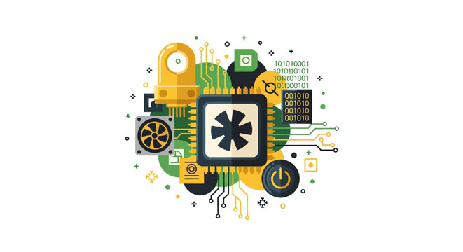 Abstract Technology and Computing Concept Vector Illustration with CPU, Circuitry, and Data Icons