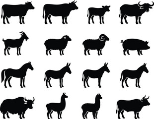 Obraz premium Farm animal silhouettes including cows sheep goats horses and yaks on a white background
