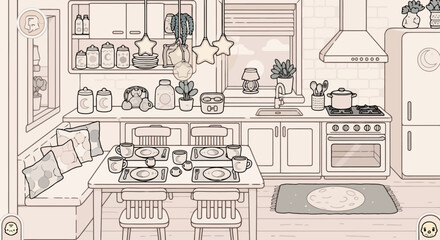 Obraz premium Cozy kitchen and dining area with charming details and homey atmosphere.