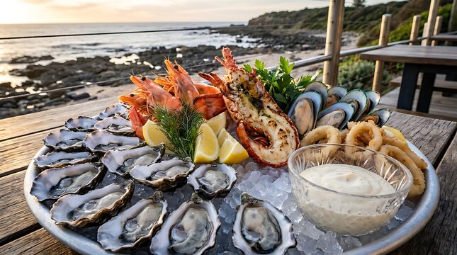 Fresh seafood platter with lobster oysters mussels and prawns served on a table overlooking the beautiful ocean view at sunset.Australian Cuisine