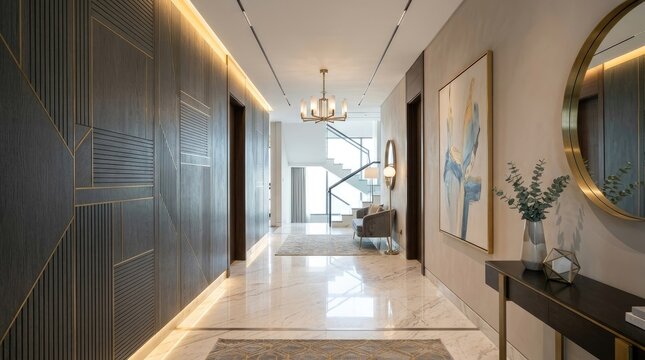 A modern, minimalist hallway with a sleek, geometric design, featuring a large, abstract painting on the wall, a mirror, and a console table with a vase of flowers.