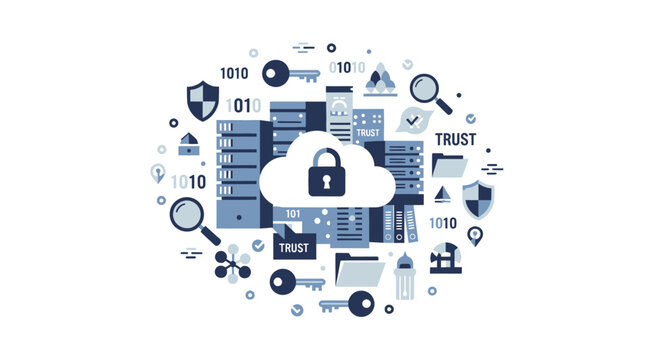 Cloud Computing and Cybersecurity Concept Illustration with Secure Server Data Center, Padlock, and Digital Trust Symbols for Information Technology Infrastructure
