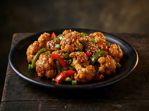 Delicious stir fried cauliflower with bell peppers and green onions served on a black plate for a healthy vegan dinner meal. Australian Cuisine