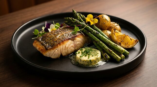 Delicious grilled salmon fillet served with fresh green asparagus and roasted potatoes on a dark plate for a gourmet restaurant dinner meal. Australian Cuisine