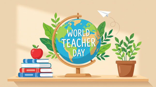 World Teacher Day globe on desk with books and plant
