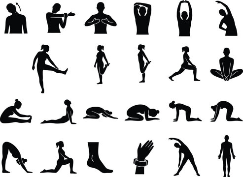 Collection of black silhouettes depicting various yoga poses on a white background