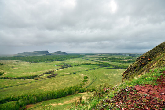 View on valley of river white Iyus from Sunduki Mountain Range. Siberian scenery. Republic of Khakassia, Russia