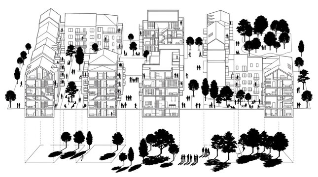 Cross section vector illustration of residential apartment building with interior room and staircase, people and tree in urban street scene