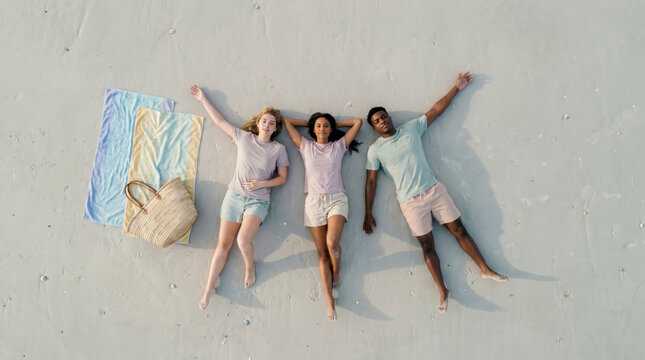 Overhead view of three diverse friends lying together on pale sandy beach