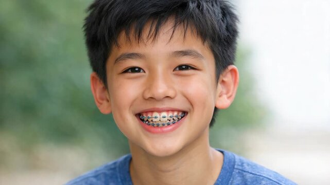 A joyful young boy showing off his new smile after getting braces.