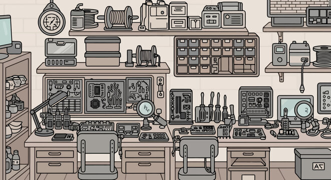 Detailed illustration of a cluttered electronics workshop with various tools and equipment.