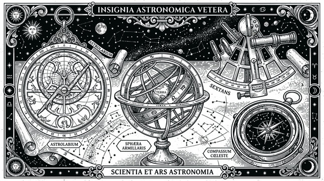 Vintage astronomical illustration featuring astrolabe armillary sphere sextant and compass on a starry background.