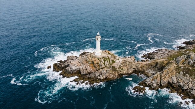Aerial view of a solitary lighthouse standing on a rugged rocky ocean island