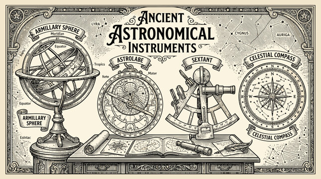 Vintage illustration of ancient astronomical instruments including armillary sphere astrolabe sextant and celestial compass.