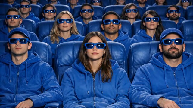 A group of people wearing blue 3D glasses and sitting in a dark theater, fully engrossed in the movie experience.
