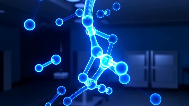 Glowing blue molecular lattice of interconnected spheres and translucent bonds suspended in blurred laboratory interior with cyan light, dark backdrop, shallow depth and scientific concept