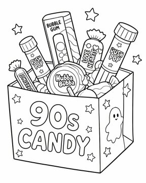Fun halloween candy box coloring page featuring spooky objects and adorable designs for children inspired by the 90s