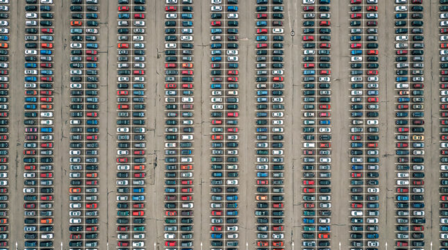 Aerial abstraction of endless rows of parked cars forming a dense color grid