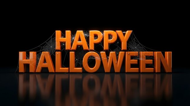 Happy halloween 3d render festive orange text with spiderweb for spooky celebrations