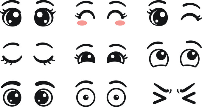 Cute Anime and Manga Style Expressive Eye Vector Icon Set Featuring Kawaii Cartoon Expressions Happy Winking Angry and Surprised for Character Graphic Designs