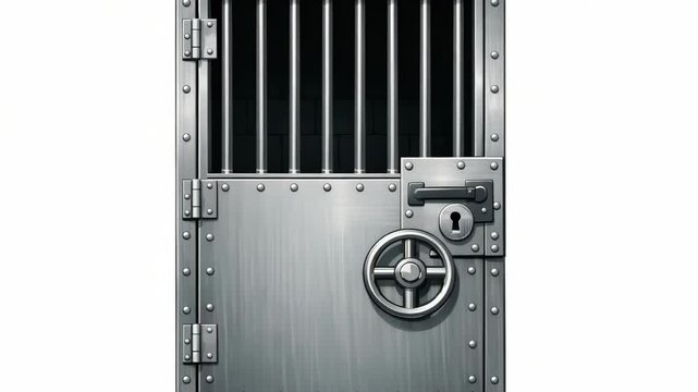 A close-up of a sturdy steel cage door featuring a large padlock and multiple locking mechanisms.
