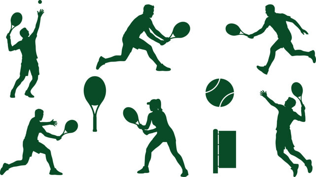 Tennis Player Silhouettes and Equipment Icon Set Featuring Male and Female Athletes Action Poses Racket Ball and Net for Sports Graphic Designs (23 words)