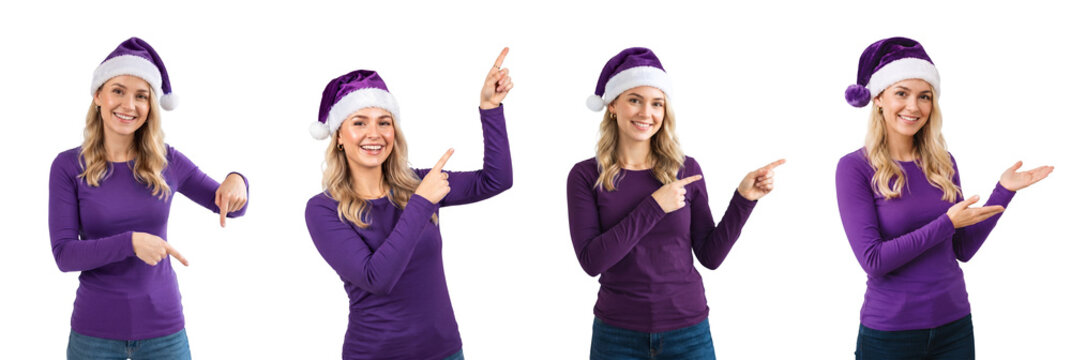 Mulher jovem loira usando gorro de Natal roxo e apontando com as m&atilde;os, fundo transparente / Young blonde woman wearing a purple Christmas hat and pointing with her hands, transparent background