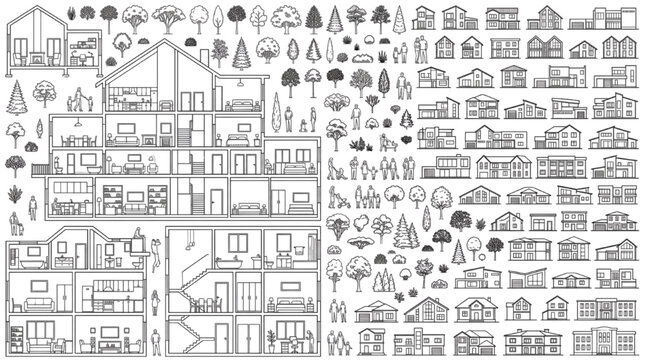 Architecture CAD library mega set with house elevation and cross section, tree and people figure reference collection