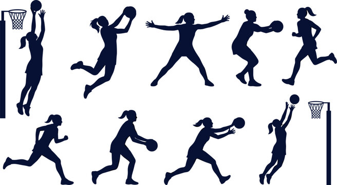 Netball Player Silhouette Vector Icon Set Featuring Female Athletes in Action Poses Shooting Passing Running Defending and Catching Ball for Sports Graphic Designs