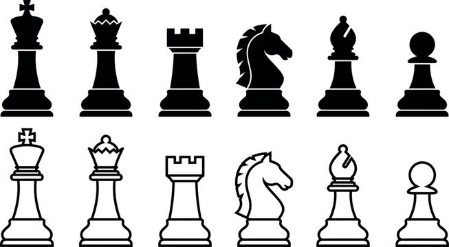 Chess Pieces Vector Icon Set Featuring Black Silhouettes and White Outline Figures of King Queen Rook Knight Bishop and Pawn for Board Game Graphic Designs