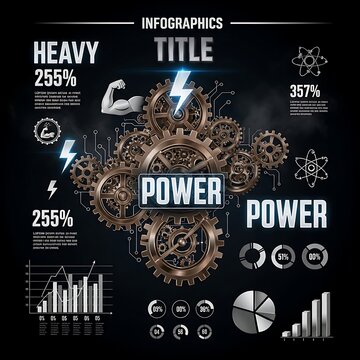 Futuristic Mechanical Power Infographic with Gears and Charts on Dark Background