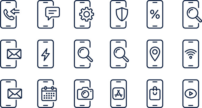 Smartphone Line Icon Set Featuring Mobile Interface Symbols for Calls Messages Security Location Settings Wi-Fi Shopping and Camera App Vector Graphic Designs