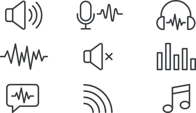 Audio and Sound Line Icon Set Featuring Speaker Microphone Headphones Music Note Equalizer and Waveform Symbols for Media Interface Vector Graphic Designs