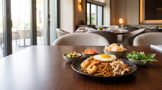 Elegant Indonesian fried noodles served with classic accompaniments, ideal for restaurant branding, tourism, hospitality, advertising, and premium menu design.