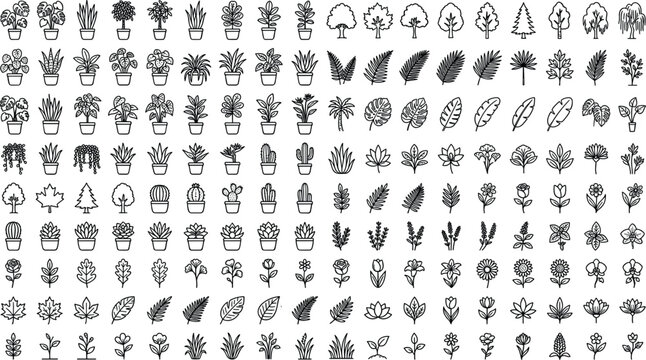 Mega Plant and Flower Line Icon Set Featuring Houseplants Potted Trees Cactus Monstera Ferns Palms and Floral Blossom Symbols for Nature Botanical Vector Graphic Designs