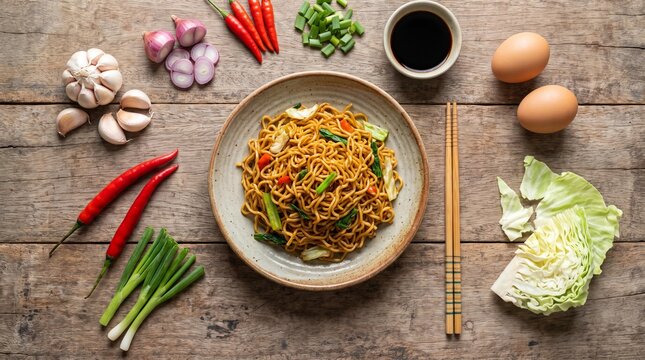 Top view of Indonesian fried noodles with authentic ingredients, perfect for cookbook covers, restaurant marketing, food blogs, and culinary education.