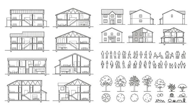Architectural CAD element collection with house section and elevation, people figure and tree symbol reference sheet