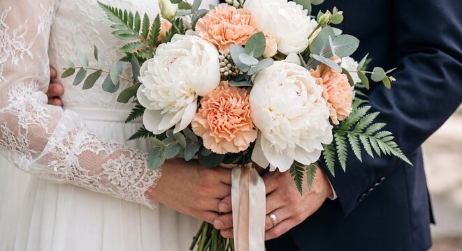 A close up shot of a bride in a lace gown holding an elegant bouquet of white peonies and peach roses with her groom