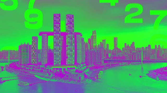 chongqing cyberpunk city with overlayed code and data on the buildings