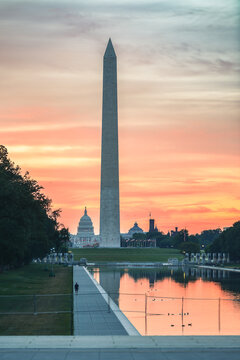 Washington D.C. skyline during sunrise as seen from Lincoln Memorial with major monuments in view - Washington D.C. United States of America