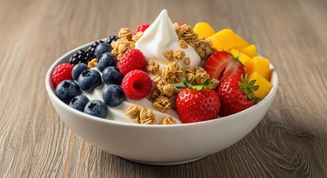 A refreshing bowl of creamy frozen yogurt topped with fresh berries, mango chunks, and granola, set on a rustic wooden table in soft light, creamy, bowl, berries