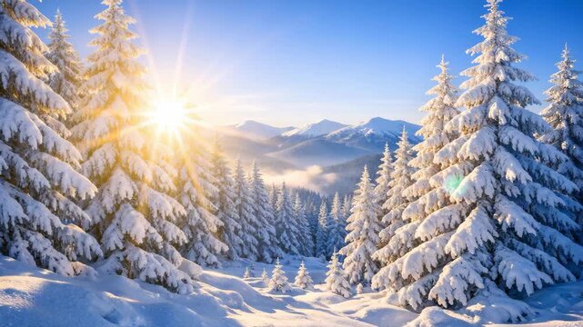 Picture perfect winter landscape with trees blanketed in fresh snow and a stunning sunrise in the background. Perfect for Christmas cards or nature-themed content.
